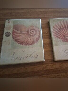 Coastal Shell Canvas Wall Art Pair in Beige and Coral